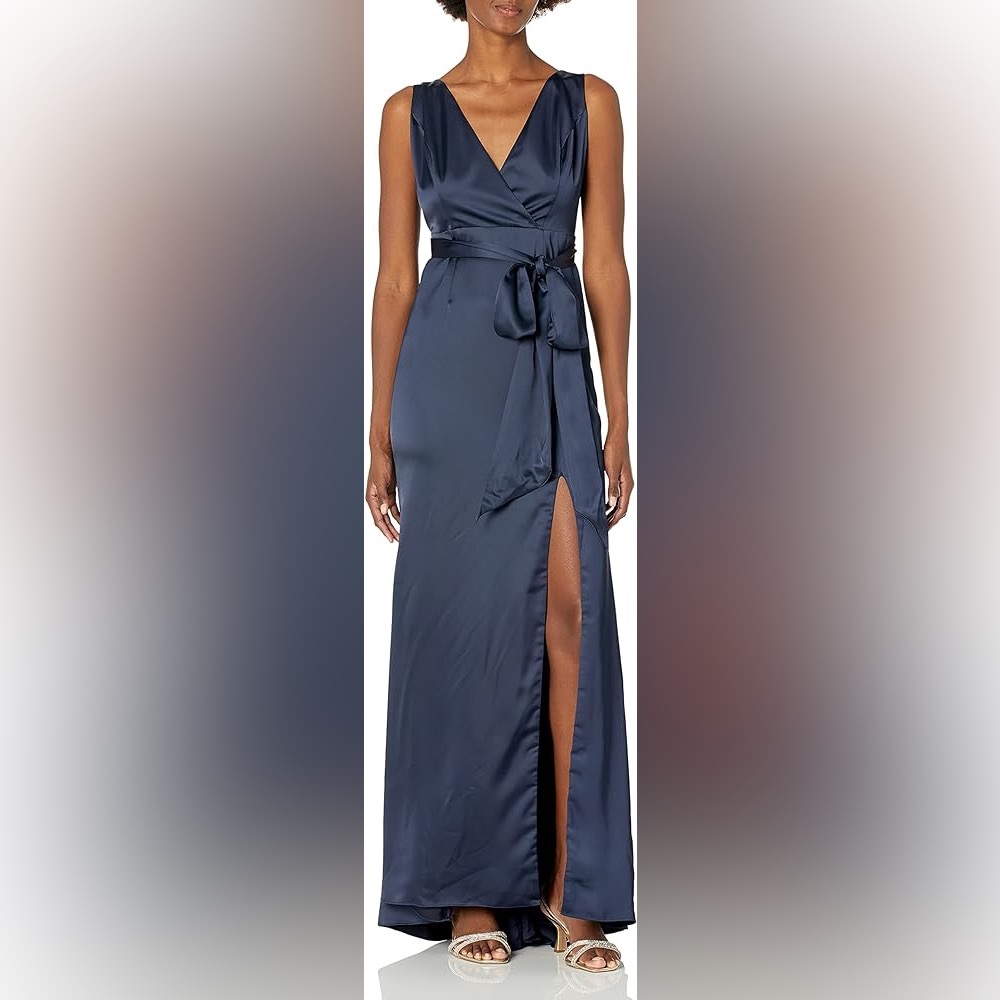 Adrianna Papell Midnight Blue Satin Sleeveless V-Neck Open Back Bow Maxi Dress